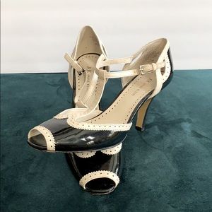 Anne Klein Nelly T-Strap Tuxedo Black Cream Heels
